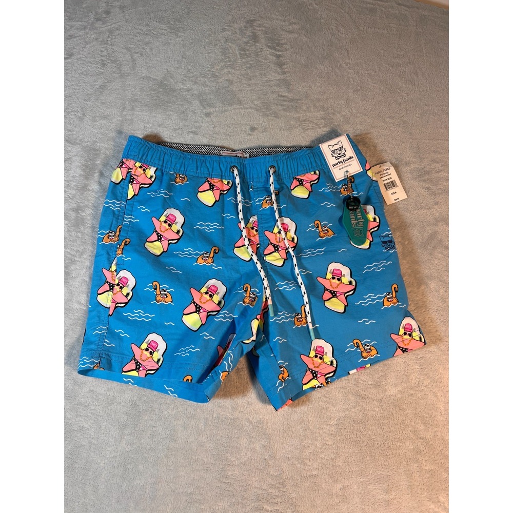 NWT Party‎ Pants Mens M Neon Blue Super Star Starfish Board Shorts Swim Trunks